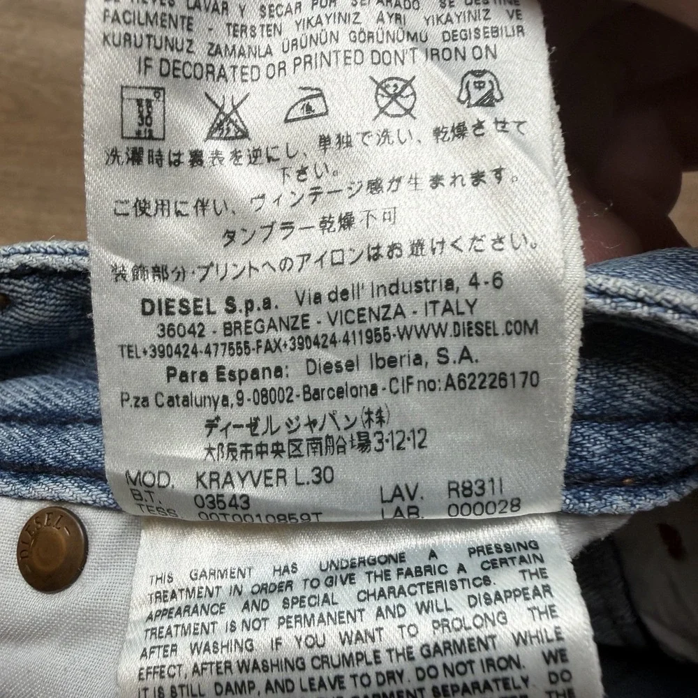 Diesel Krayver Jeans Men 29x26 Blue Slim Carrot Stretch Destroyed Denim (Hemmed)